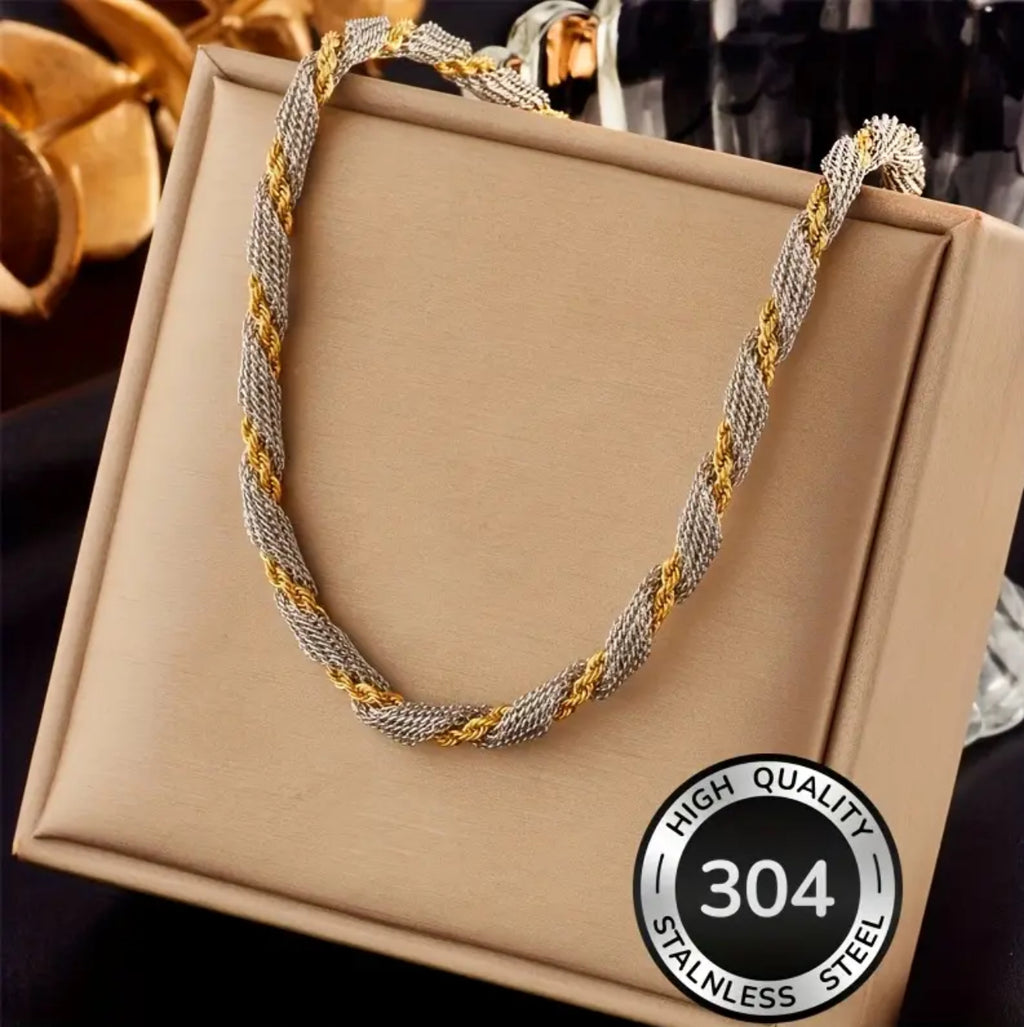 304 Stainless Steel Hypoallergenic Non Tarnished Casual Two-Toned Chunky Chain Necklace