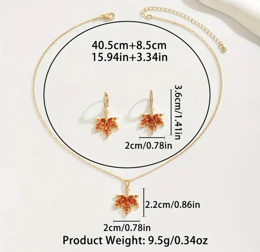 A Set of Luxurious Maple Leaf Necklace and Earrings with Rhinestone Accent- Suitable for Daily Wear Waterproof,Non Tarnished, Hypoallergenic Stainless Steel Material