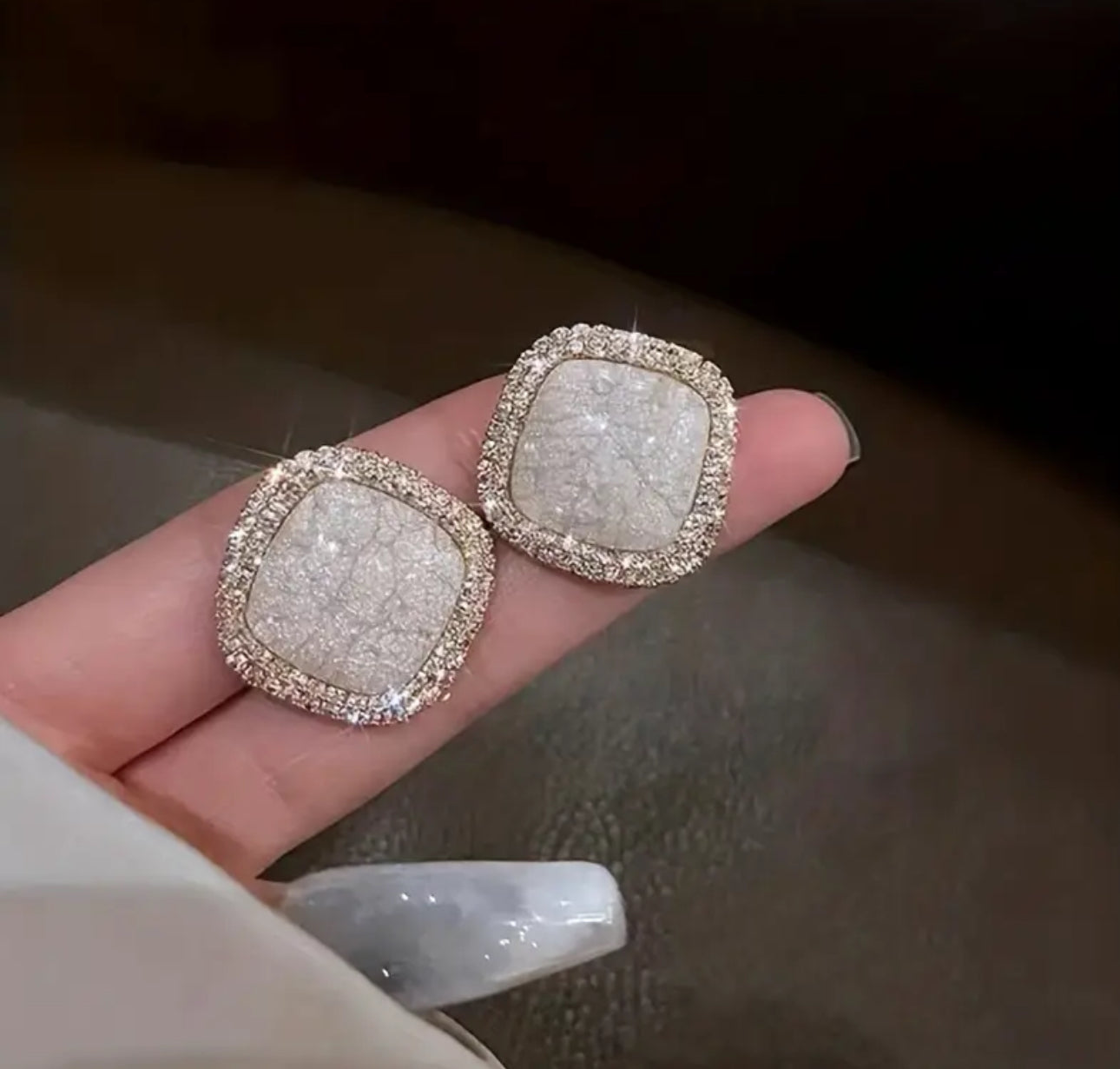 Vintage Boho Square with Cracked Design & Rhinestone Accent, Zinc Alloy Non Tarnished Hypoallergenic Earrings