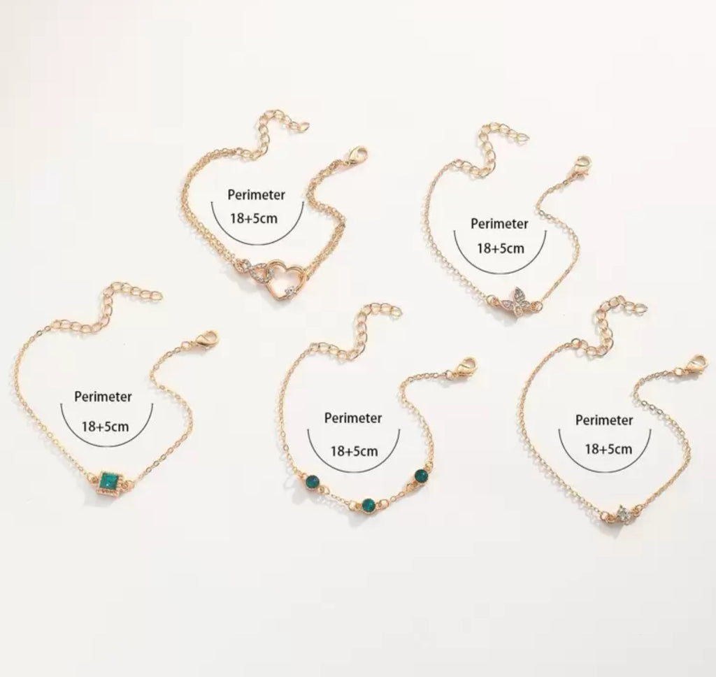 5Pcs Simple Elegant Rhinestones, Butterfly and Heart Bracelet Set Waterproof Hypoallergenic Material