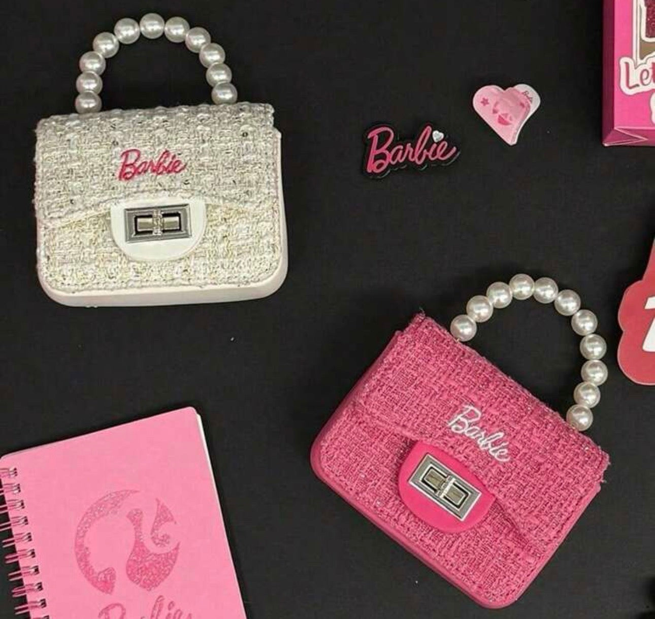 Barbie Series Anime Bag—Cute Elegant Crossbody Shoulder Bag with Pearl Woven Chain Handbag|Wallet Makeup Storage Bag