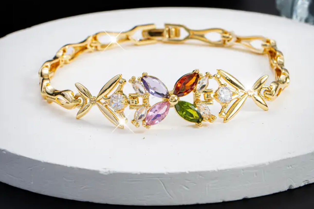 Elegant Bohemian Fishbone Chain Bracelet Golden-Tone Floral Jewelry with Multi-Color CZ Stones, Hypoallergenic 304 Stainless Steel Chain