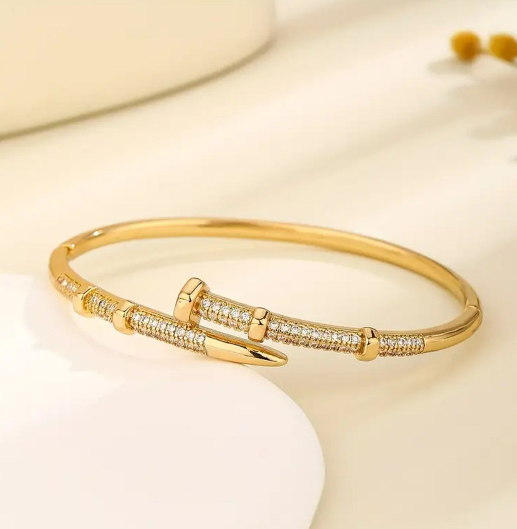 Elegant Golden Tone Copper Bangle with Synthetic Zirconia Accent-Adjustable Clasp Non Tarnished Hypoallergenic Bracelet