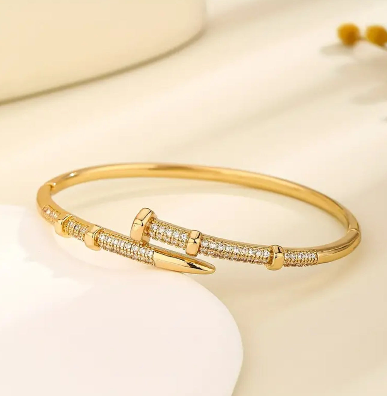 Elegant Golden Tone Copper Bangle with Synthetic Zirconia Accent-Adjustable Clasp Non Tarnished Hypoallergenic Bracelet