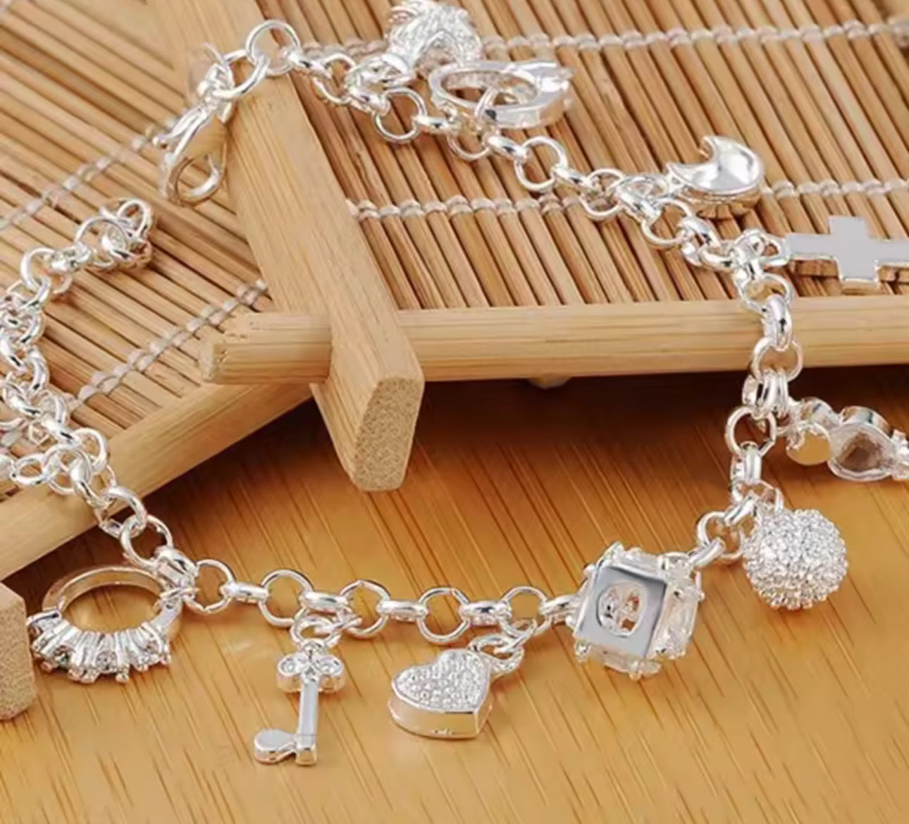 925 Sterling Silver Fashion 13pcs Pendant Chain Charm Bracelet