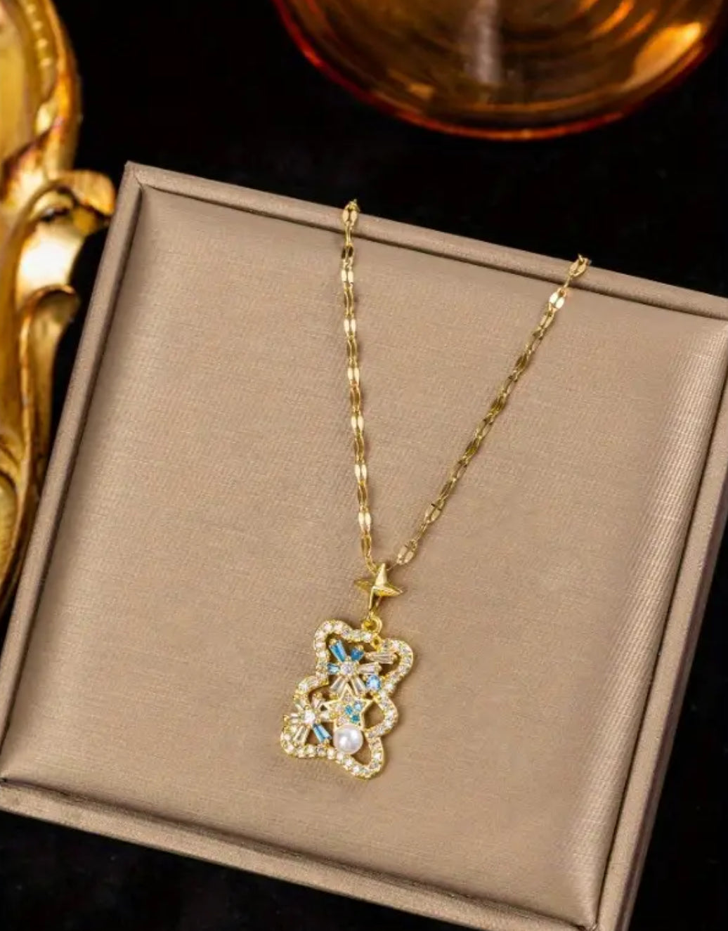 18K Gold Plated Stainless Steel Cubic Bear Necklace and Earrings Set