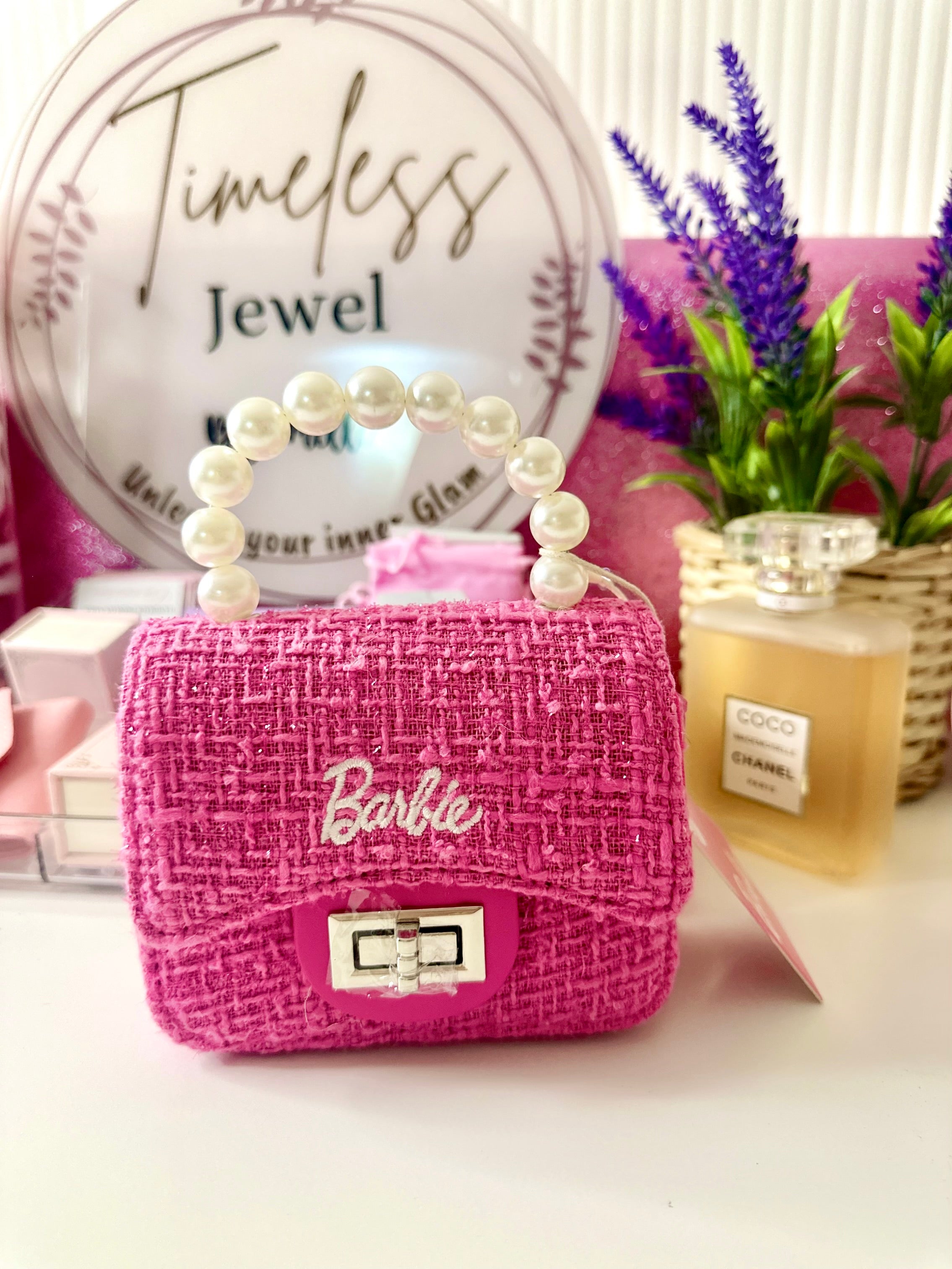 Barbie Series Anime Bag—Cute Elegant Crossbody Shoulder Bag with Pearl Woven Chain Handbag|Wallet Makeup Storage Bag