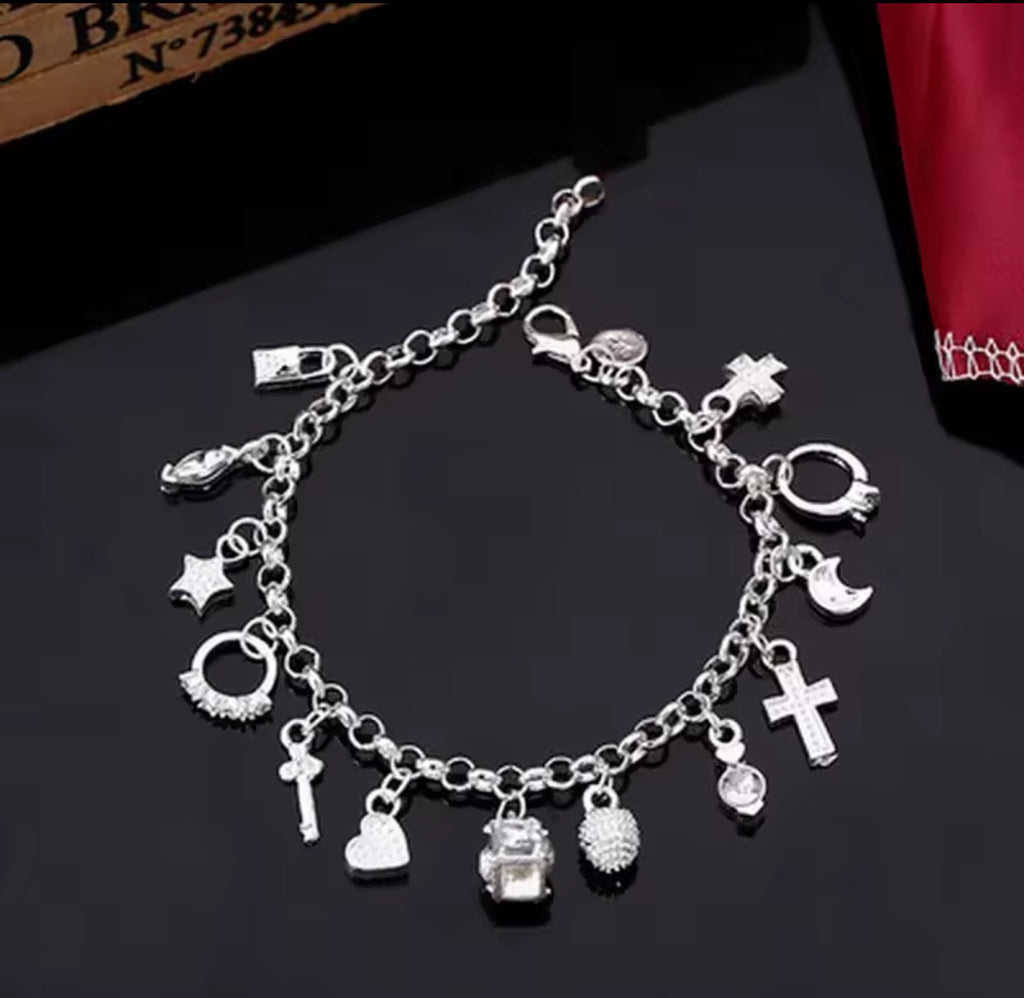 925 Sterling Silver Fashion 13pcs Pendant Chain Charm Bracelet