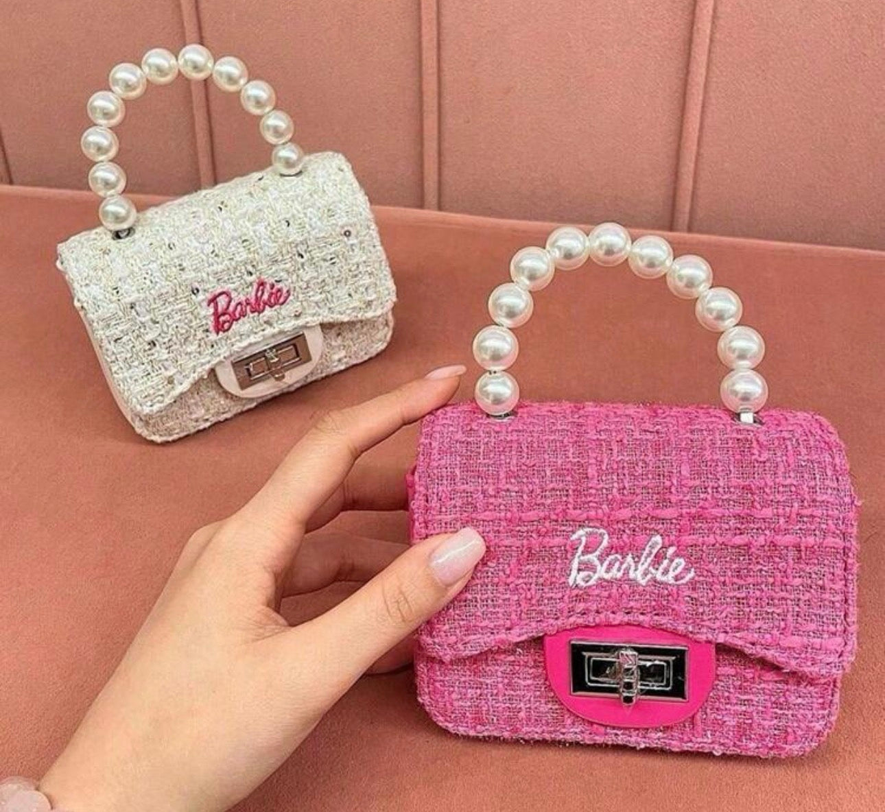 Barbie Series Anime Bag—Cute Elegant Crossbody Shoulder Bag with Pearl Woven Chain Handbag|Wallet Makeup Storage Bag