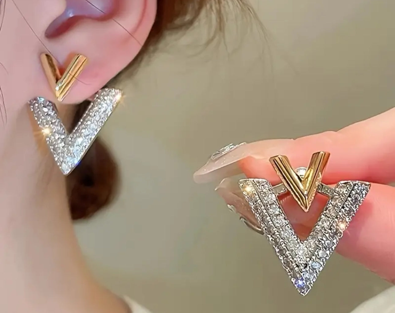 Elegant Geometric Triangle V-Stud Earrings with Micro Inlaid Stones Golden Tone Metal Two-Way Wear Design