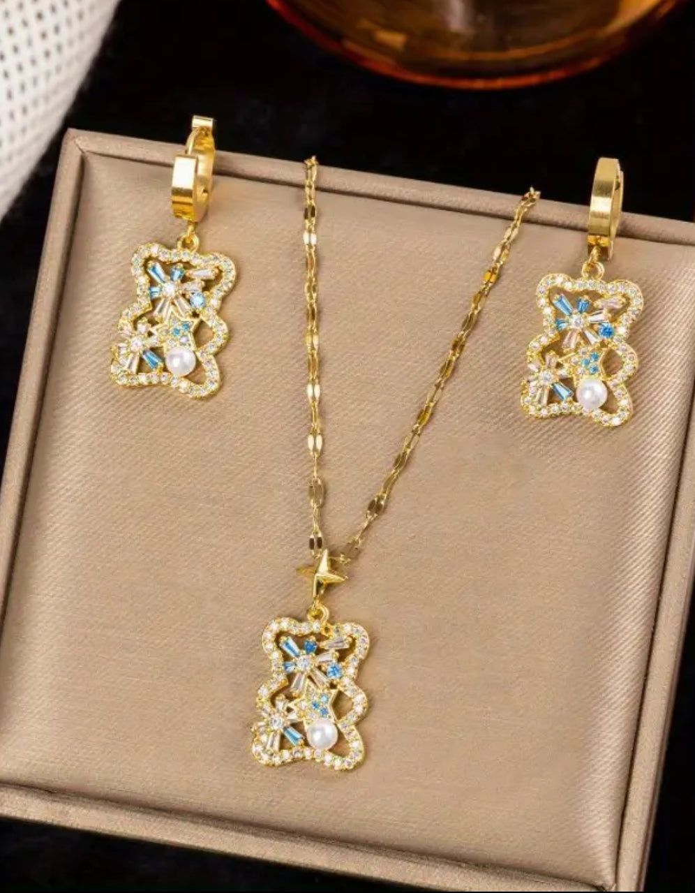 18K Gold Plated Stainless Steel Cubic Bear Necklace and Earrings Set