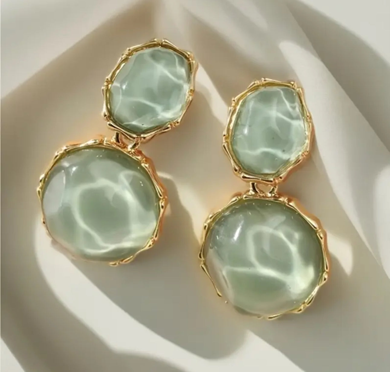 Bohemian Asymmetric Light Green Marbled Oval Golden Tone Metal Irregular Studs Non Tarnished Earrings