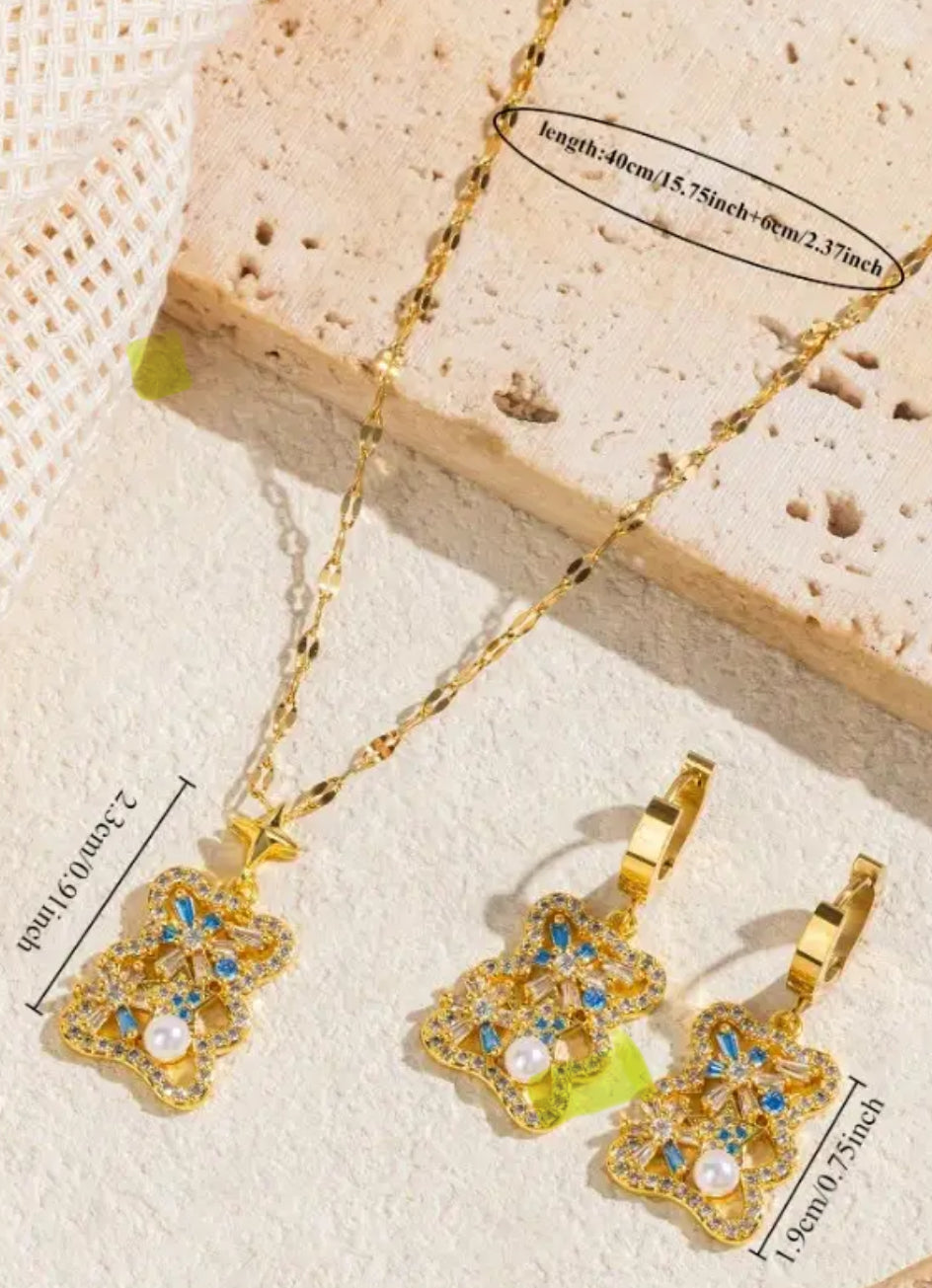 18K Gold Plated Stainless Steel Cubic Bear Necklace and Earrings Set