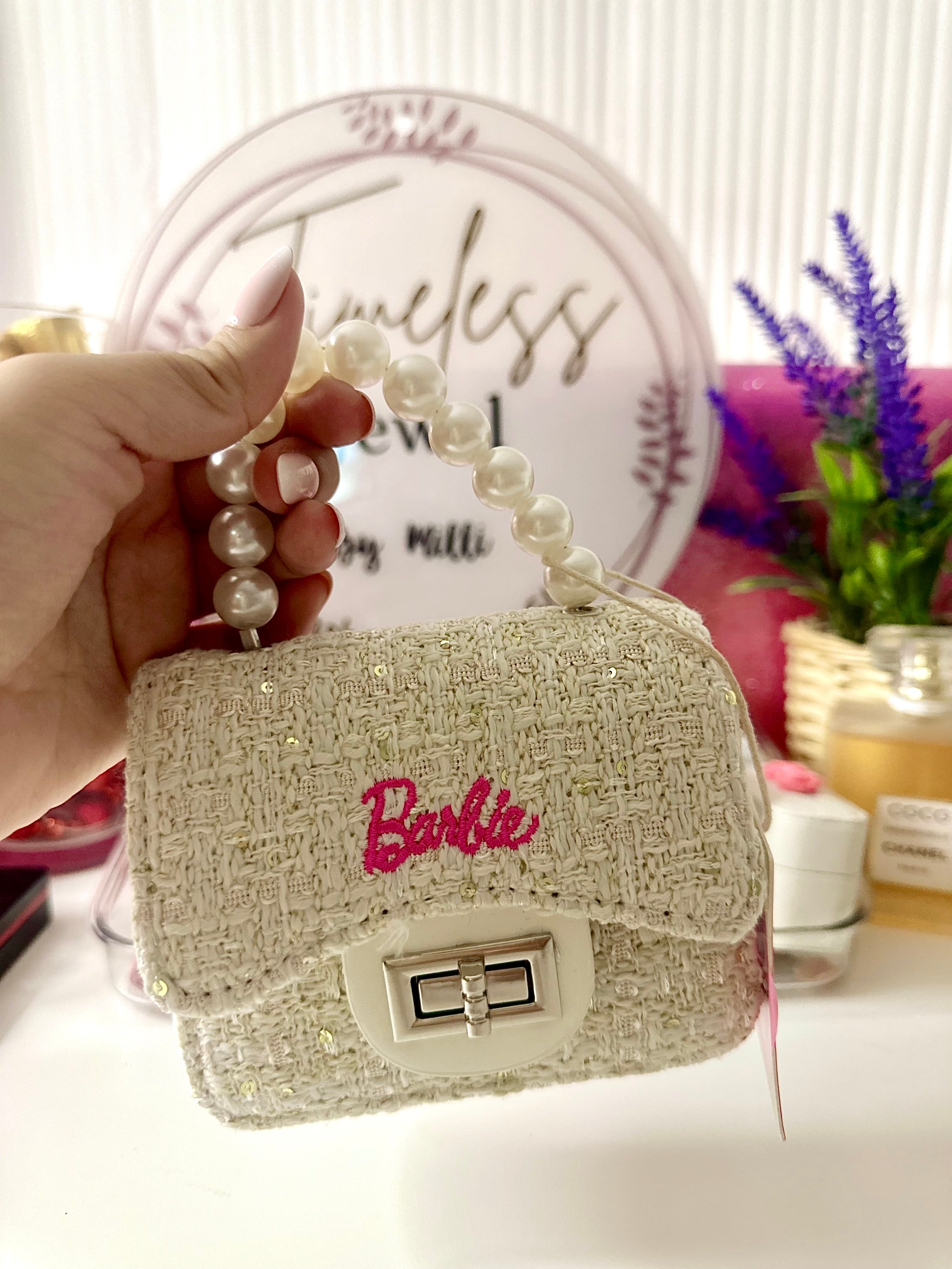 Barbie Series Anime Bag—Cute Elegant Crossbody Shoulder Bag with Pearl Woven Chain Handbag|Wallet Makeup Storage Bag