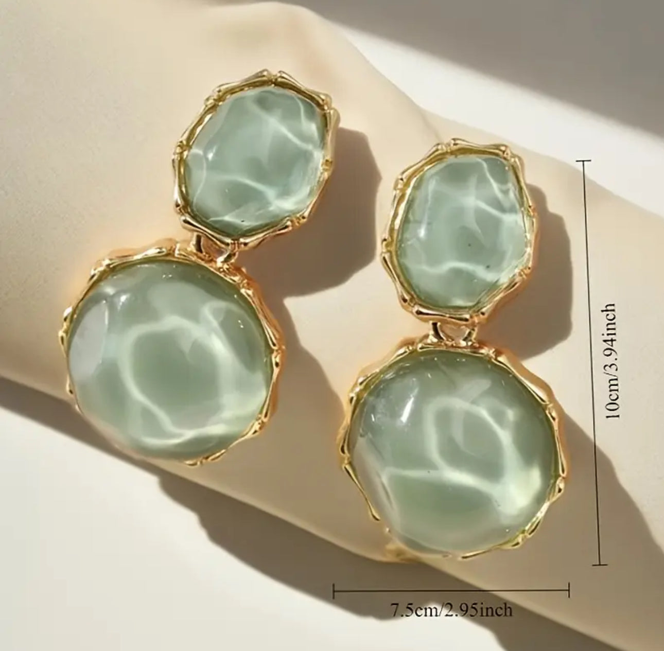Bohemian Asymmetric Light Green Marbled Oval Golden Tone Metal Irregular Studs Non Tarnished Earrings
