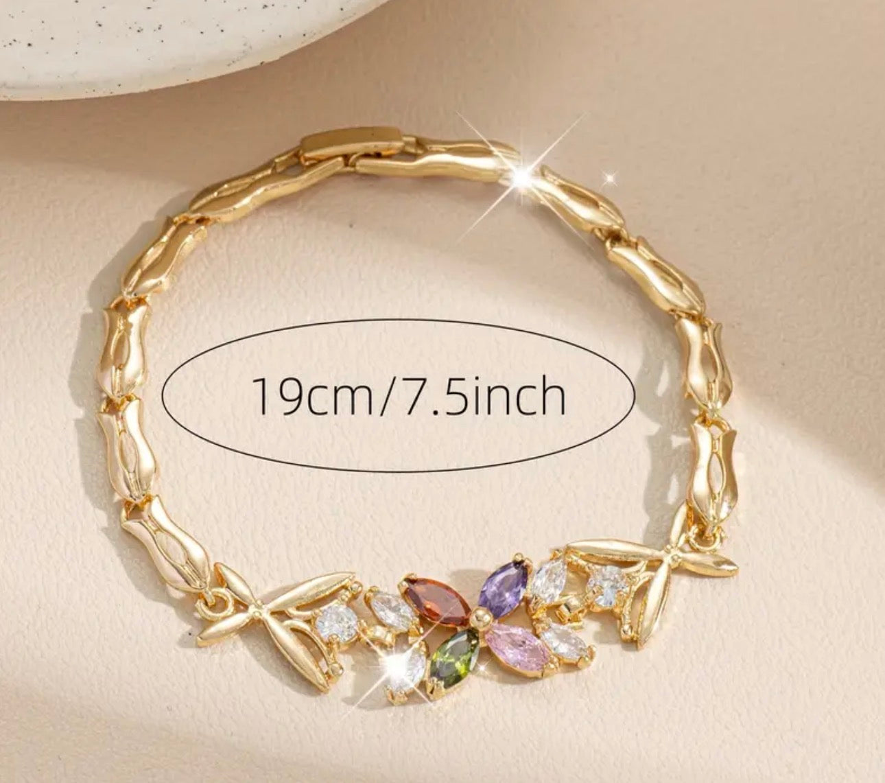 Elegant Bohemian Fishbone Chain Bracelet Golden-Tone Floral Jewelry with Multi-Color CZ Stones, Hypoallergenic 304 Stainless Steel Chain