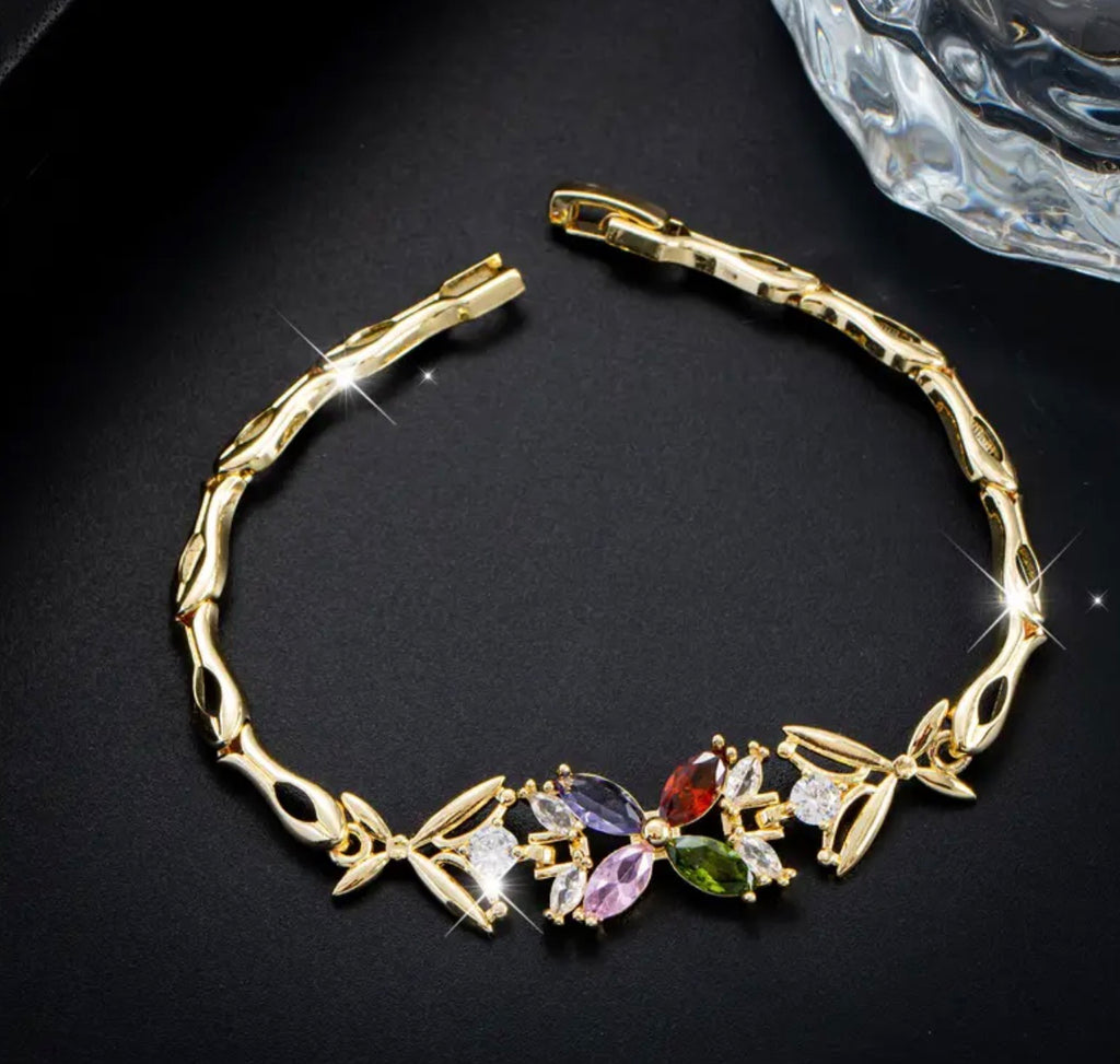 Elegant Bohemian Fishbone Chain Bracelet Golden-Tone Floral Jewelry with Multi-Color CZ Stones, Hypoallergenic 304 Stainless Steel Chain