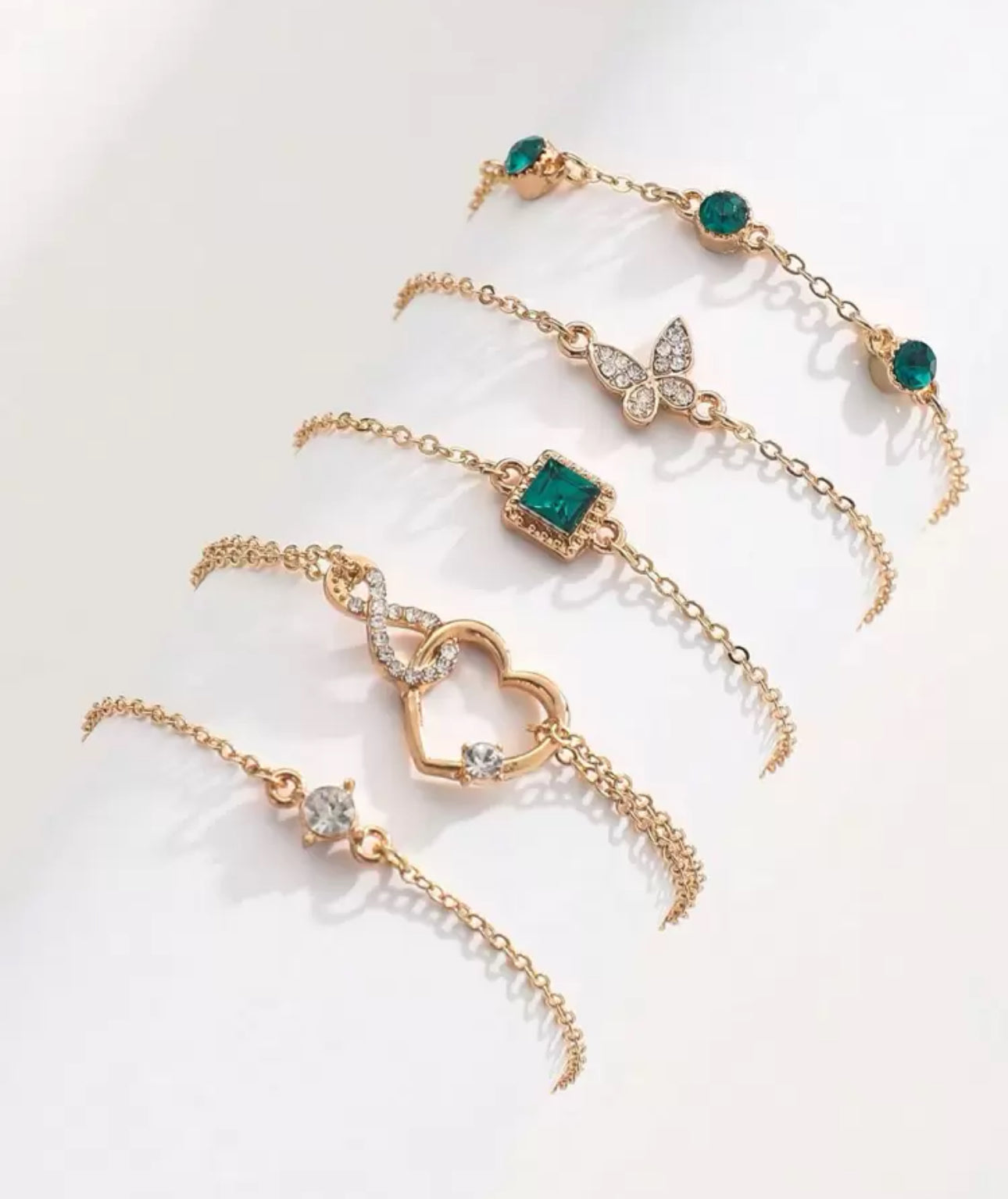 5Pcs Simple Elegant Rhinestones, Butterfly and Heart Bracelet Set Waterproof Hypoallergenic Material