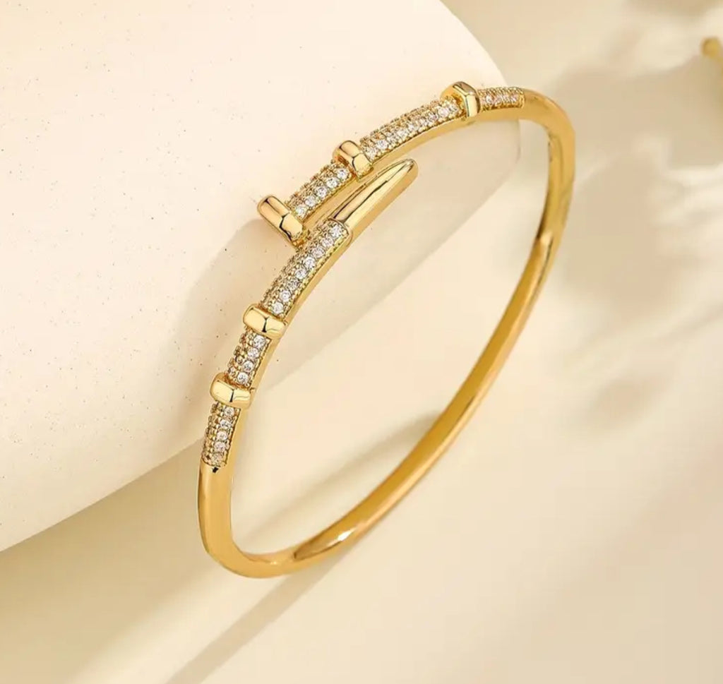 Elegant Golden Tone Copper Bangle with Synthetic Zirconia Accent-Adjustable Clasp Non Tarnished Hypoallergenic Bracelet