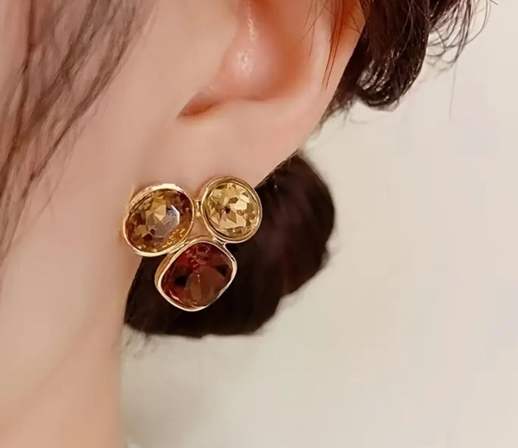 Elegant French Style- Golden Tone-Oval Stud Earrings with Brown Gemstones Vintage Inspired Versatile Non Tarnished 18K Gold Plated Post