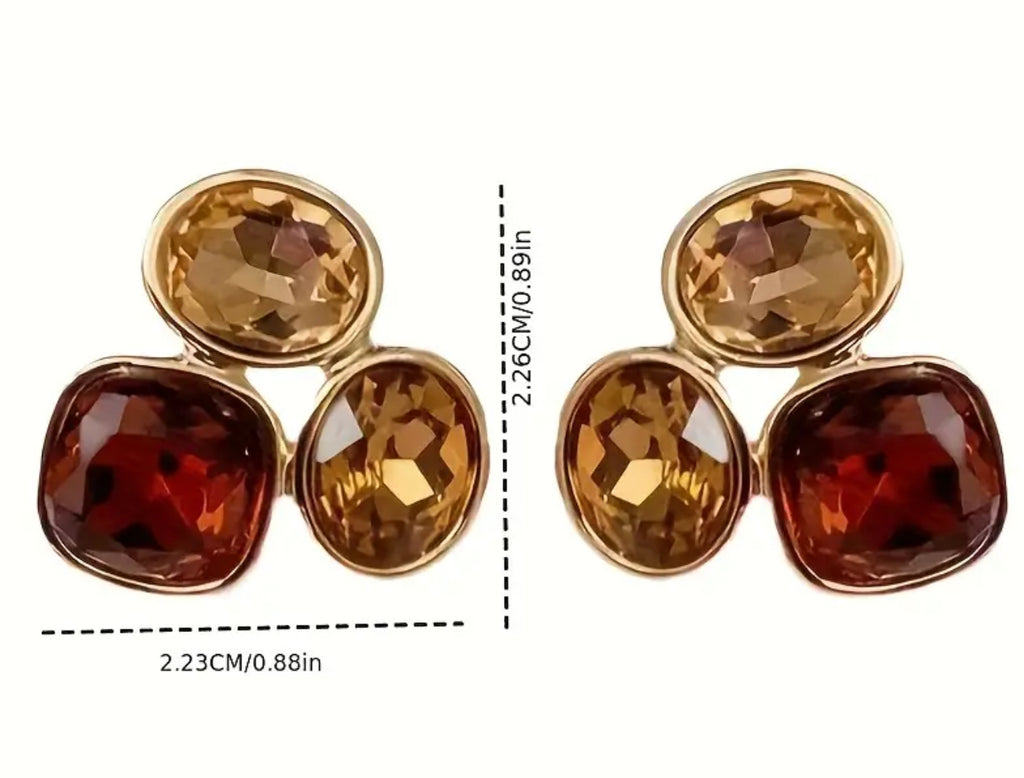 Elegant French Style- Golden Tone-Oval Stud Earrings with Brown Gemstones Vintage Inspired Versatile Non Tarnished 18K Gold Plated Post