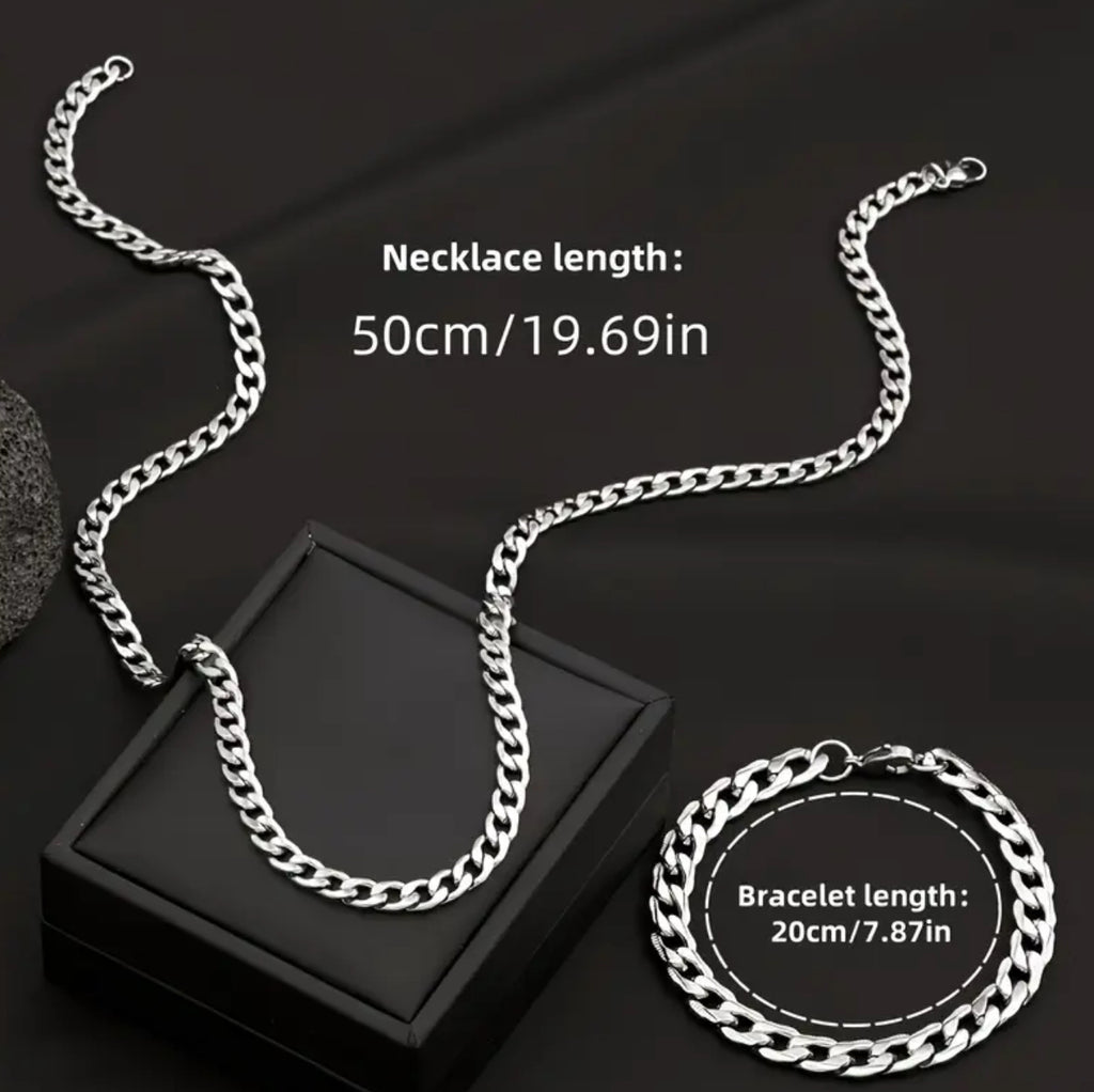 Stainless Steel Cuban Necklace and Bracelet Set for Men