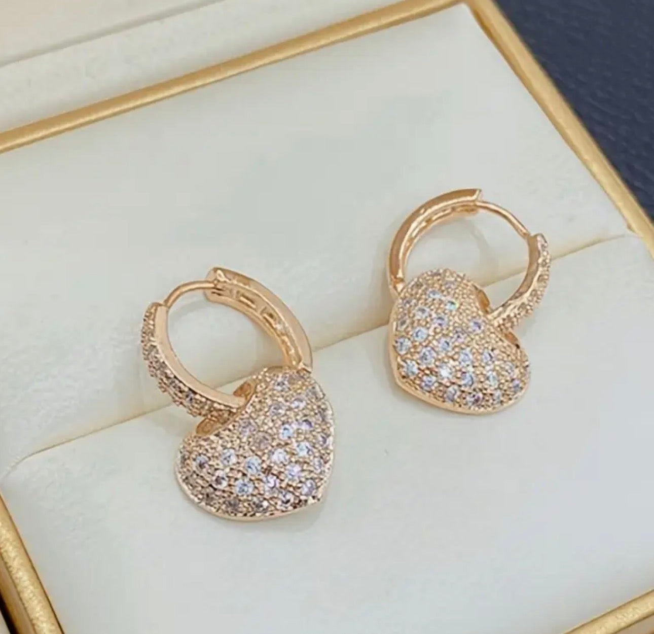 Elegant Golden Heart Dangle Earrings with Sparkling Rhinestones, Luxurious Stainless Steel Hypoallergenic Design