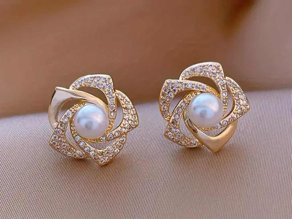 Sweet Classic French Flower Stud Earrings-Stainless Steel Hypoallergenic Rhinestone Inlaid Faux Pear Design