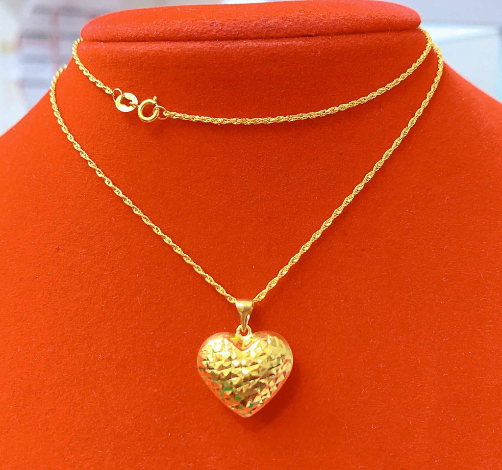 18K Real Gold Rope Chain with Heart Pendant