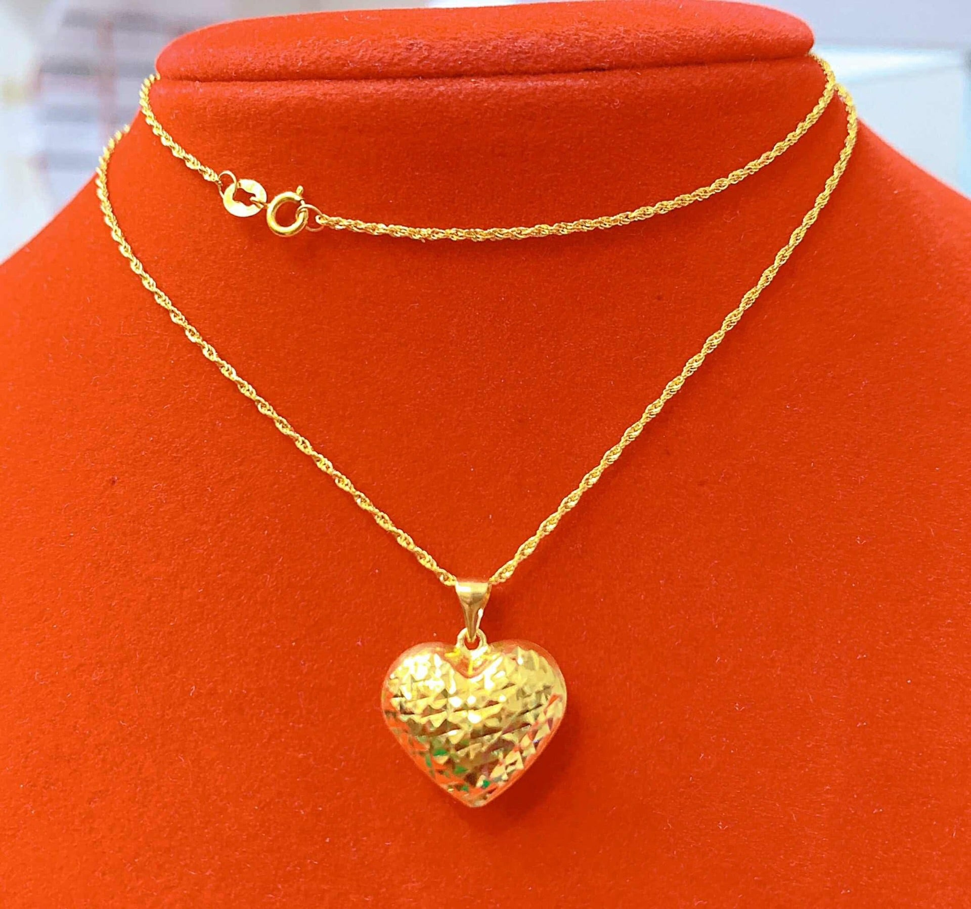 18K Real Gold Rope Chain with Heart Pendant