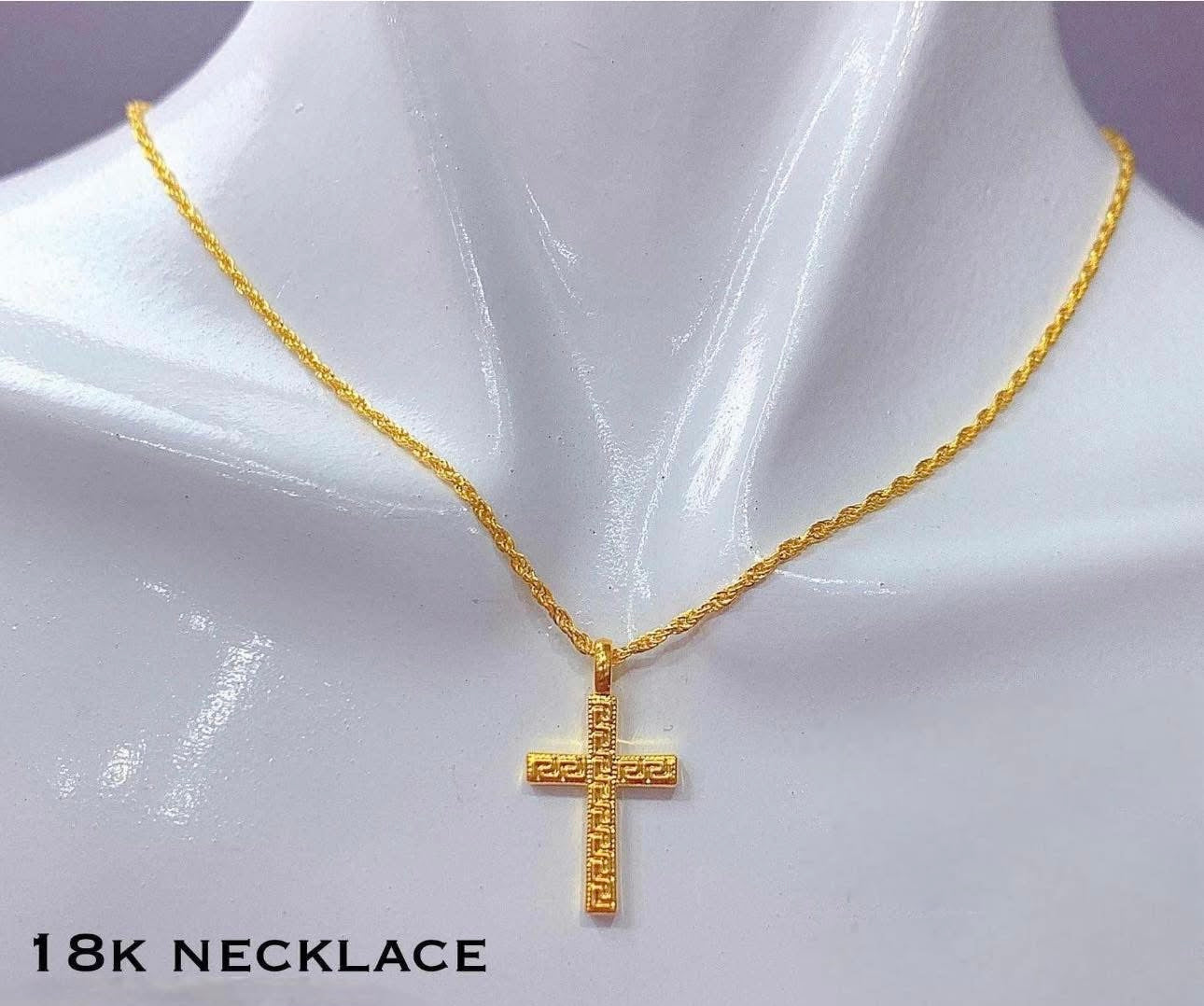 18K Real Gold Cross Necklace with Rope Chain