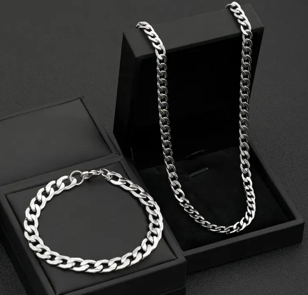 Stainless Steel Cuban Necklace and Bracelet Set for Men