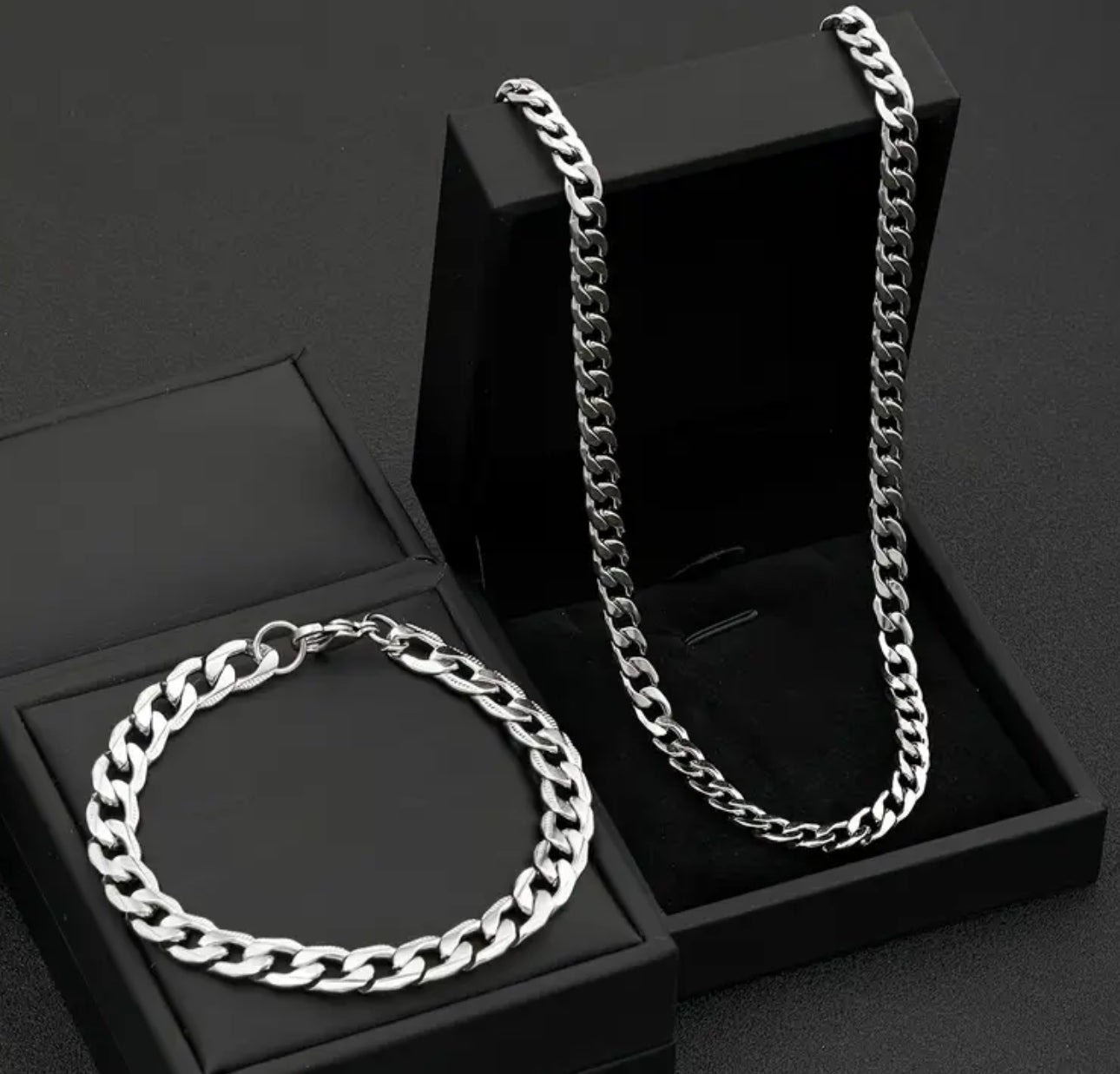 Stainless Steel Cuban Necklace and Bracelet Set for Men