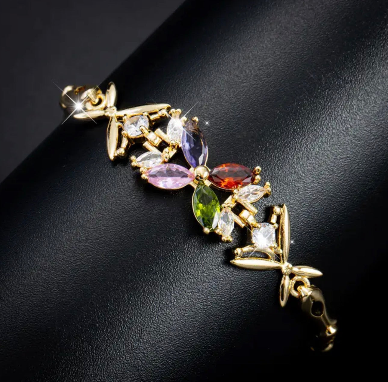 Elegant Bohemian Fishbone Chain Bracelet Golden-Tone Floral Jewelry with Multi-Color CZ Stones, Hypoallergenic 304 Stainless Steel Chain