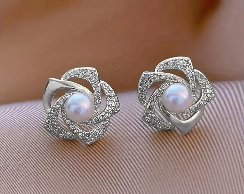 Sweet Classic French Flower Stud Earrings-Stainless Steel Hypoallergenic Rhinestone Inlaid Faux Pear Design