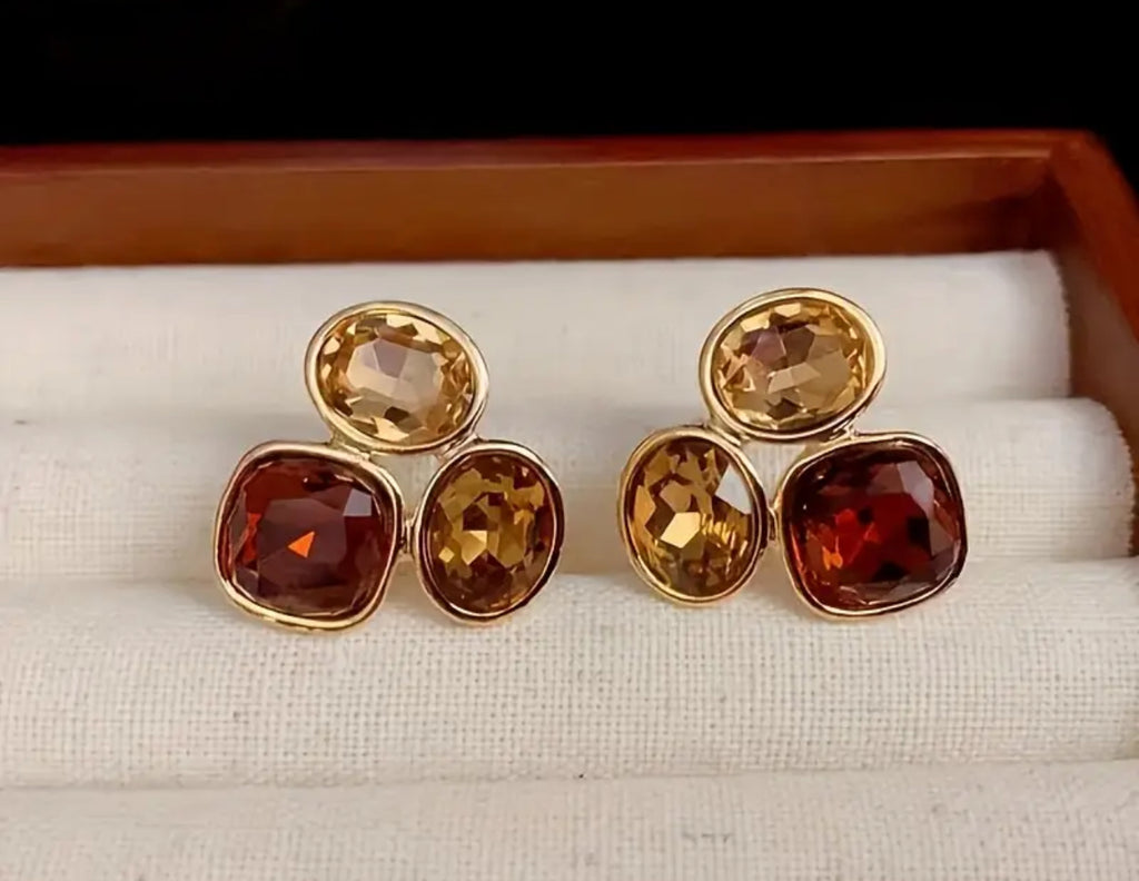 Elegant French Style- Golden Tone-Oval Stud Earrings with Brown Gemstones Vintage Inspired Versatile Non Tarnished 18K Gold Plated Post