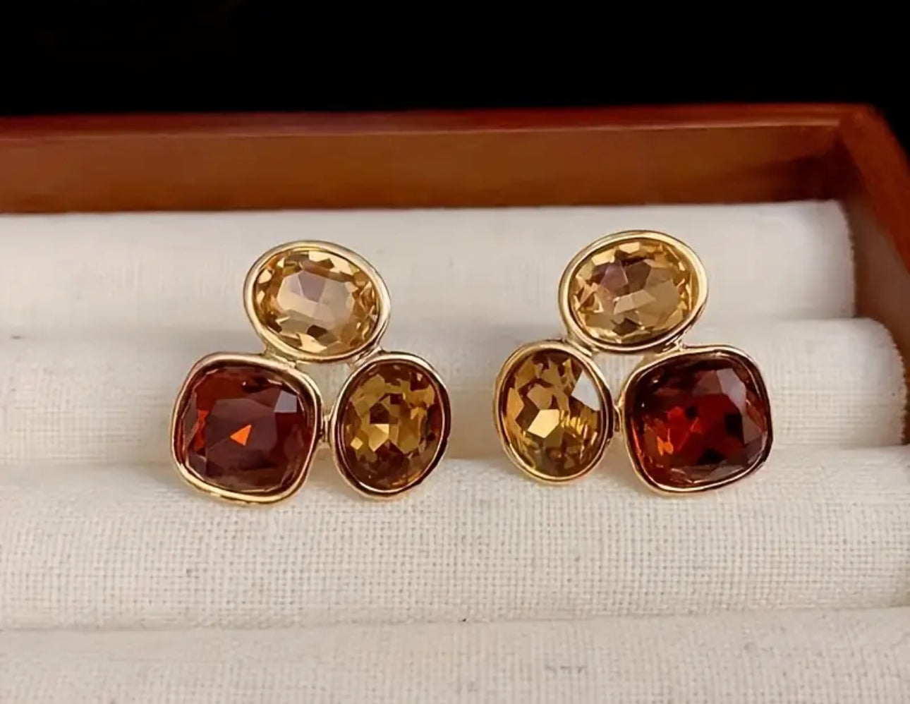 Elegant French Style- Golden Tone-Oval Stud Earrings with Brown Gemstones Vintage Inspired Versatile Non Tarnished 18K Gold Plated Post