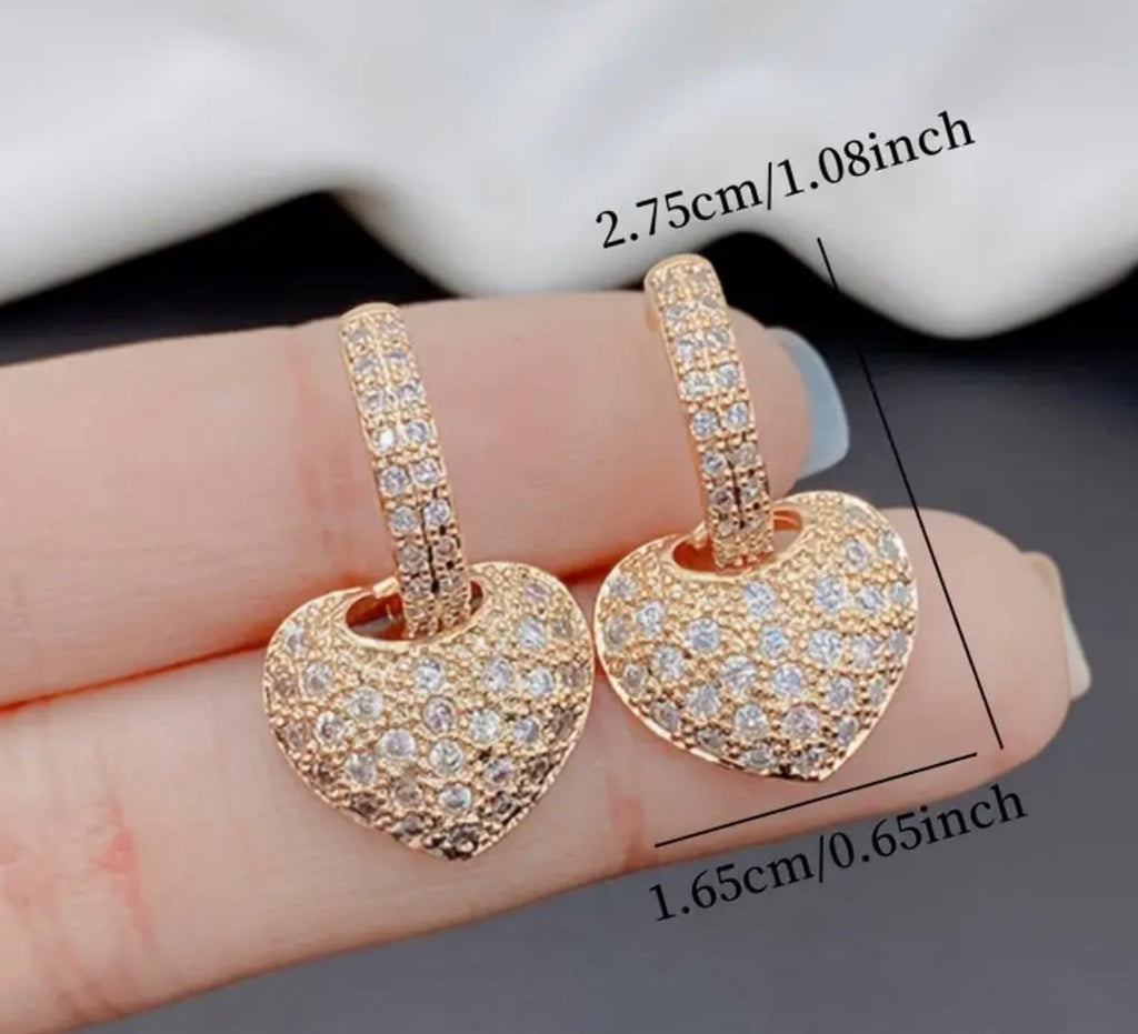 Elegant Golden Heart Dangle Earrings with Sparkling Rhinestones, Luxurious Stainless Steel Hypoallergenic Design