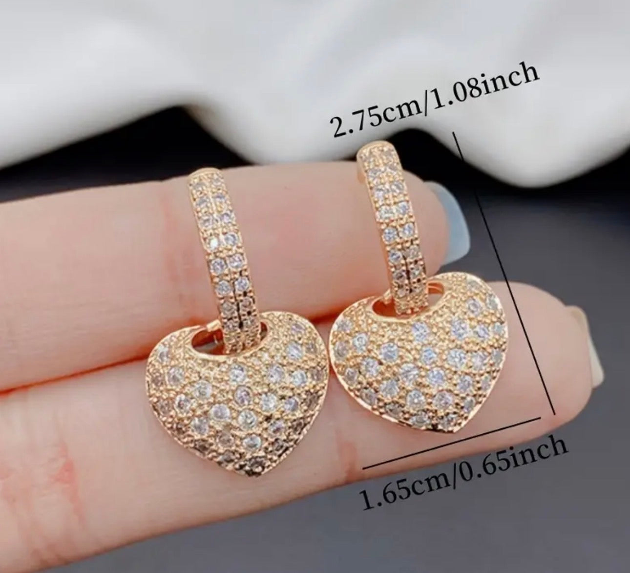 Elegant Golden Heart Dangle Earrings with Sparkling Rhinestones, Luxurious Stainless Steel Hypoallergenic Design