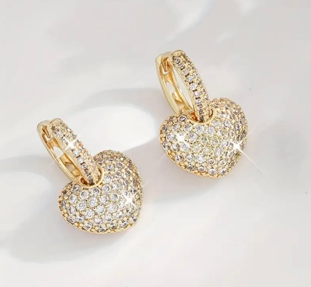 Elegant Golden Heart Dangle Earrings with Sparkling Rhinestones, Luxurious Stainless Steel Hypoallergenic Design