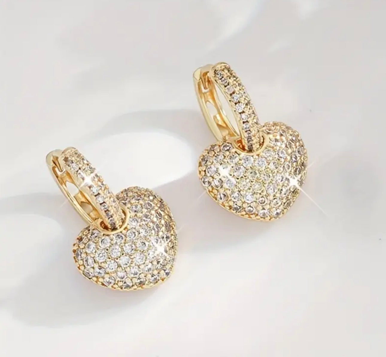 Elegant Golden Heart Dangle Earrings with Sparkling Rhinestones, Luxurious Stainless Steel Hypoallergenic Design