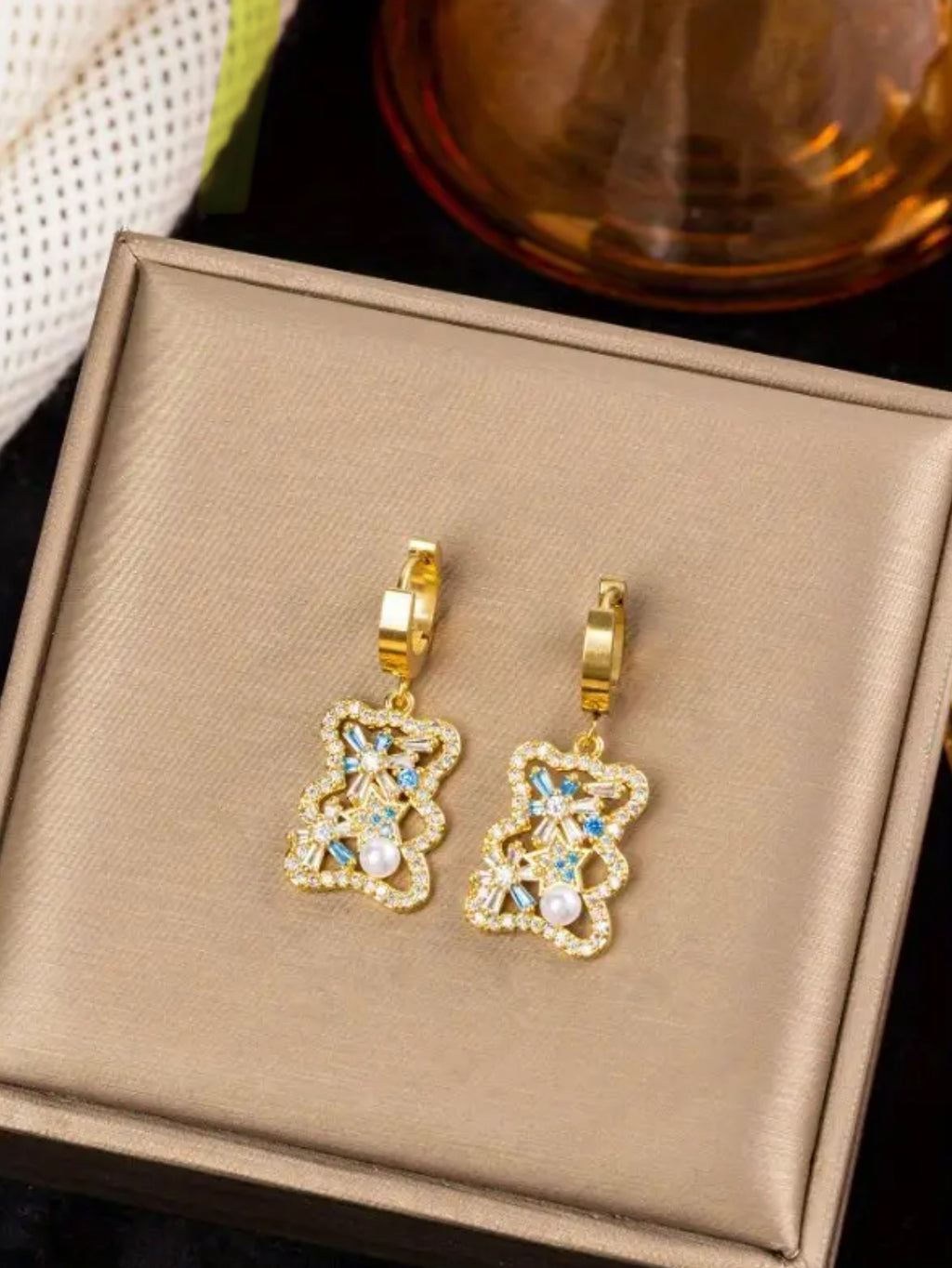 18K Gold Plated Stainless Steel Cubic Bear Necklace and Earrings Set