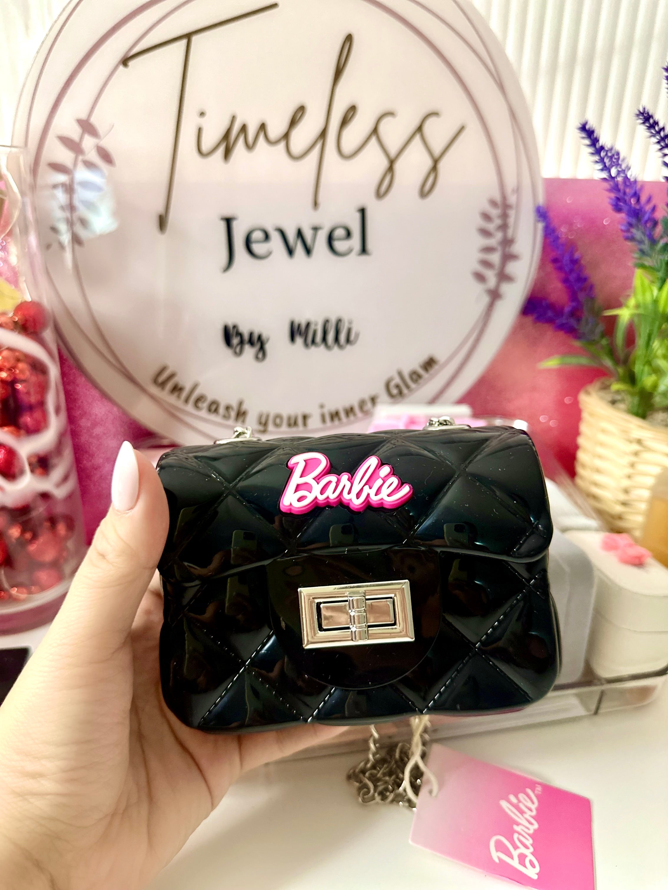 Barbie Series Stylish Jelly Bag—Black, Glossy, Chain Strap Perfect For Daily And Party Use