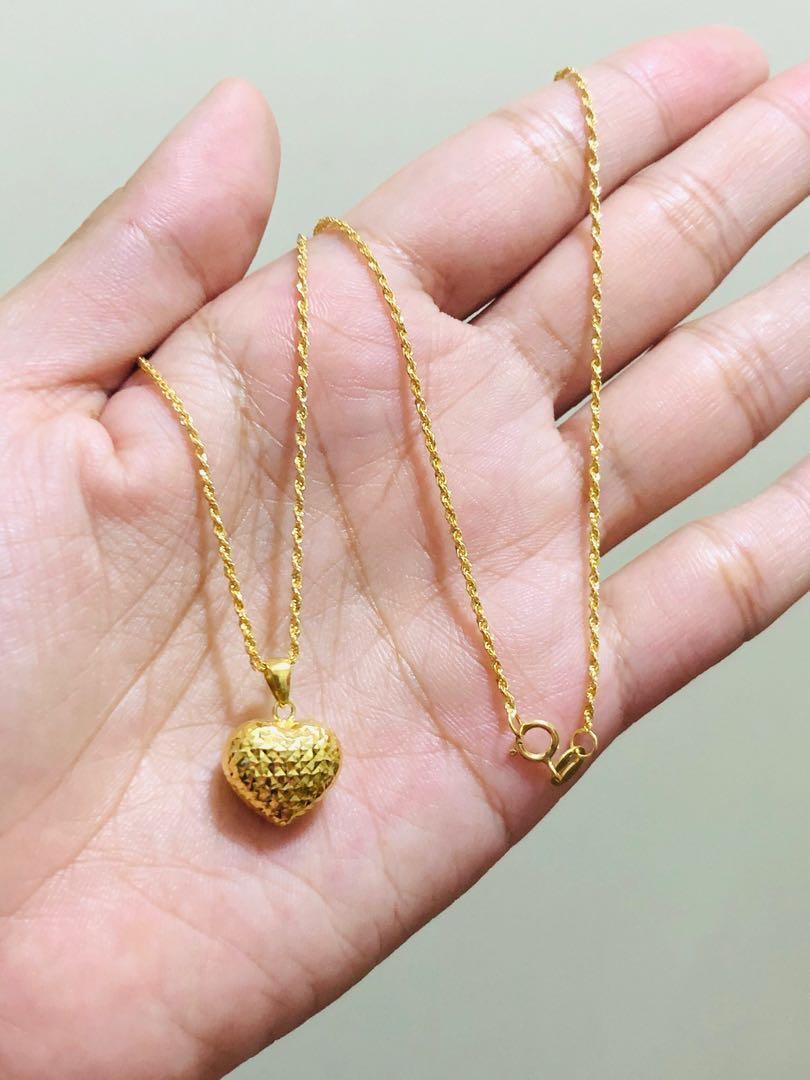 18K Real Gold Rope Chain with Heart Pendant
