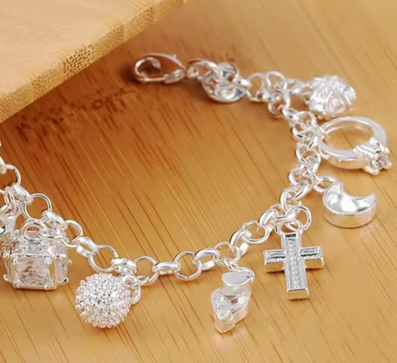 925 Sterling Silver Fashion 13pcs Pendant Chain Charm Bracelet