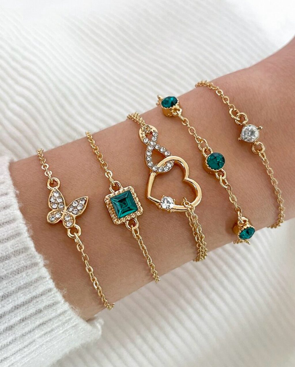 5Pcs Simple Elegant Rhinestones, Butterfly and Heart Bracelet Set Waterproof Hypoallergenic Material