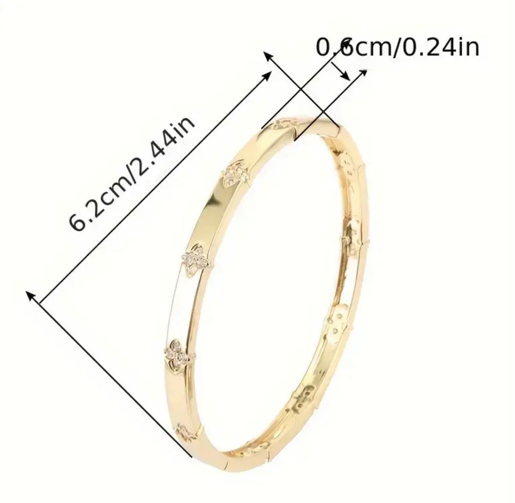 Elegant Stainless Steel- Non Tarnished Four Leaf Clover Bracelet—Golden Tone with Sparkling Accents