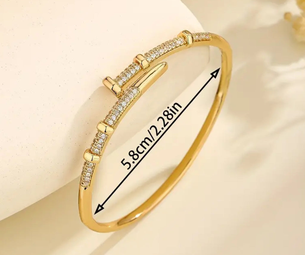 Elegant Golden Tone Copper Bangle with Synthetic Zirconia Accent-Adjustable Clasp Non Tarnished Hypoallergenic Bracelet