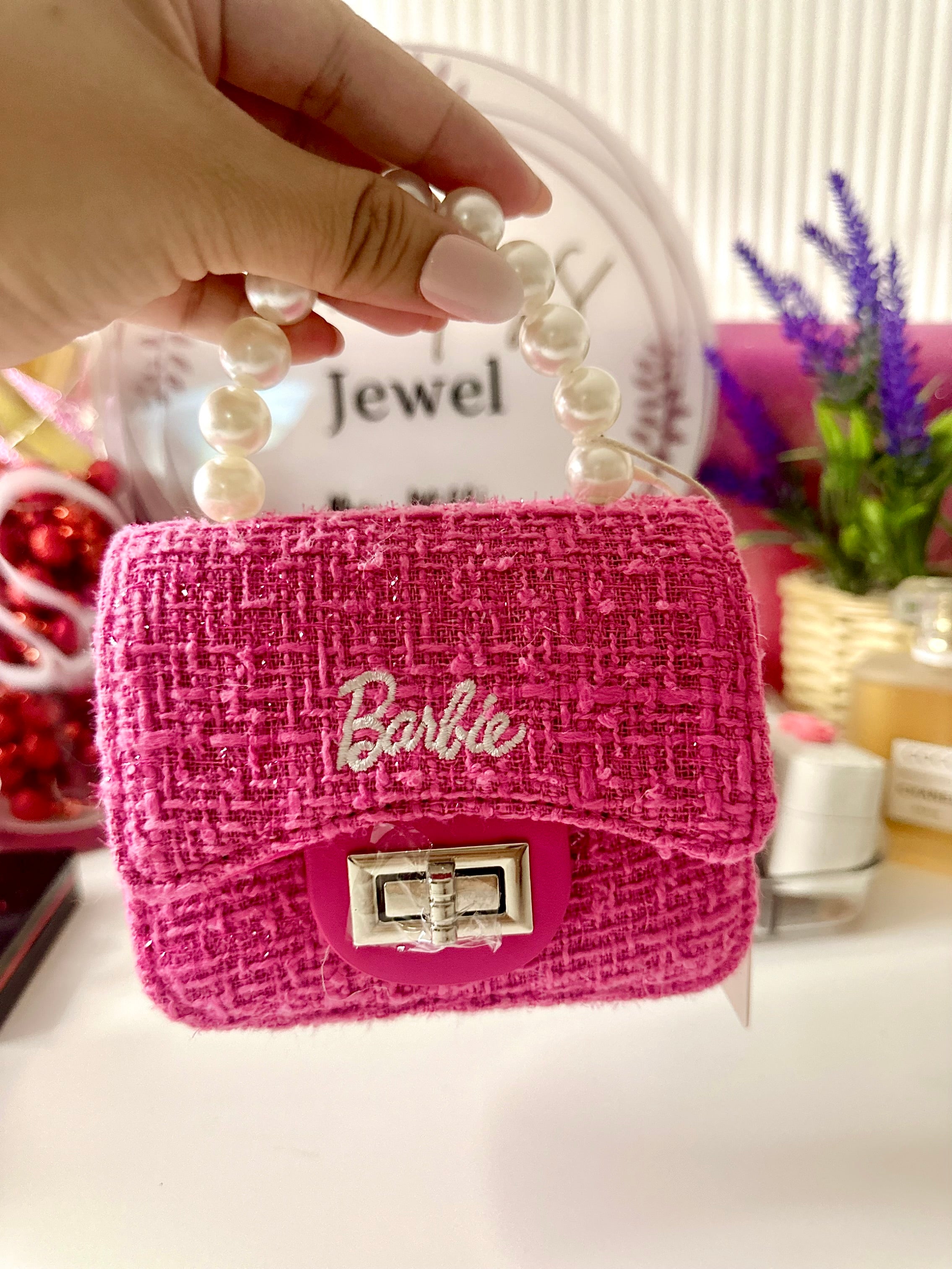 Barbie Series Anime Bag—Cute Elegant Crossbody Shoulder Bag with Pearl Woven Chain Handbag|Wallet Makeup Storage Bag