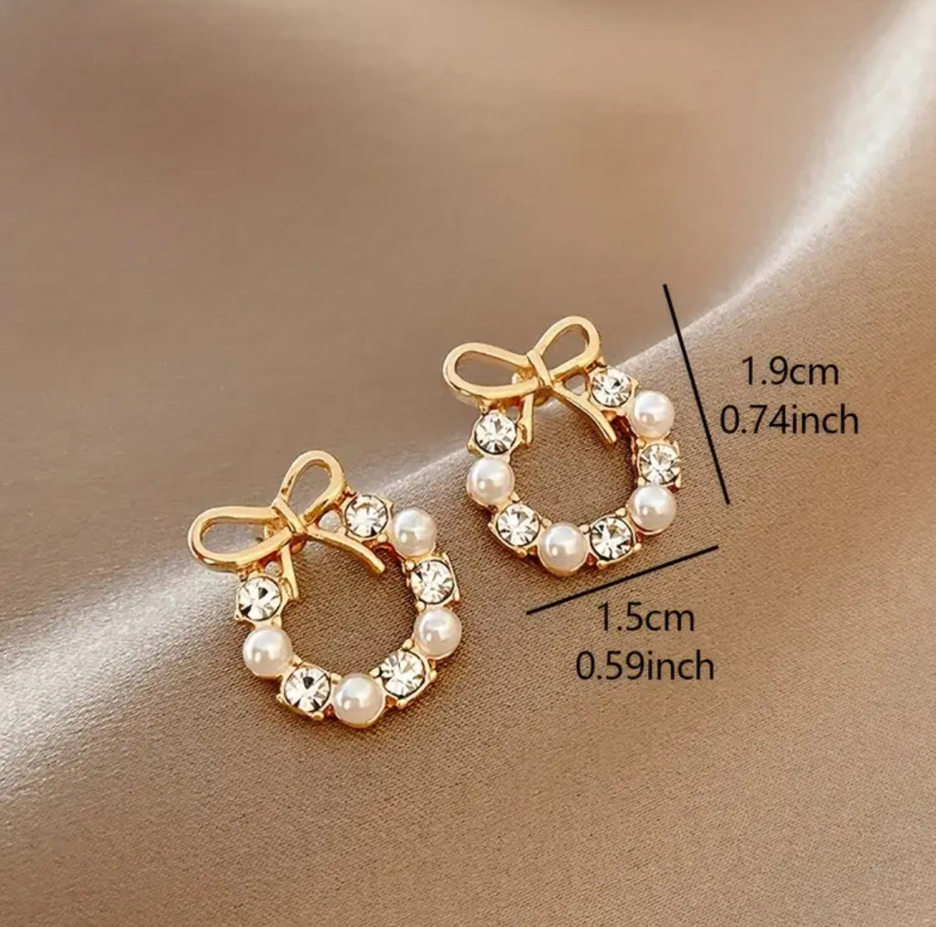 Cute Elegant Faux Pearl Bow Stud Earrings-18K Gold Plated Post Stainless Steel